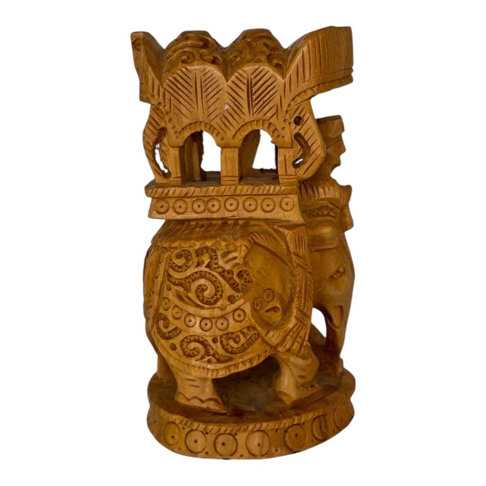 Vintage Ambari Hand Carved Wood Elephant with Howdah Carriage READ